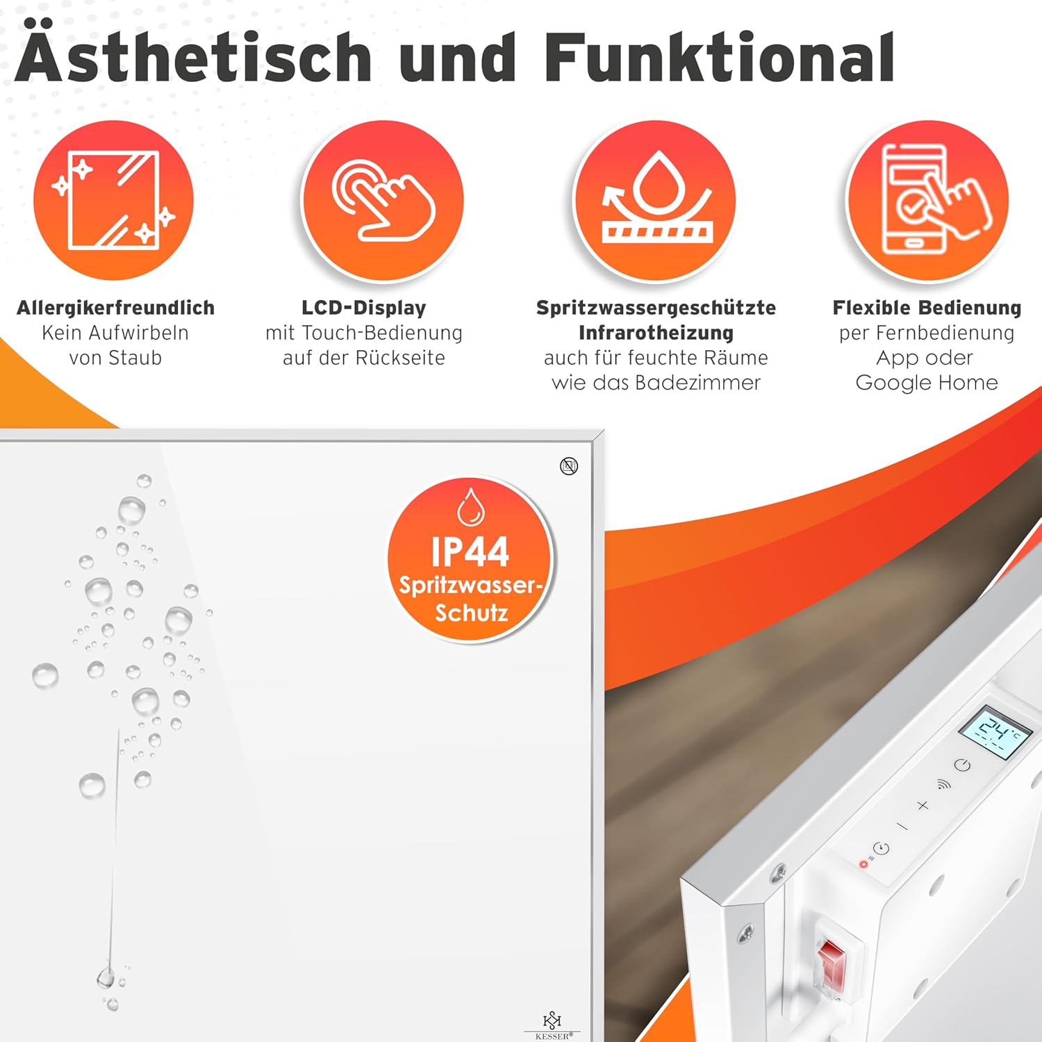 KESSER® Infraroodverwarming, energiebesparend, infrarood staand apparaat en wandmontage, elektrische verwarming, 700 W, met afstandsbediening, thermostaat en app-bediening, elektrisch