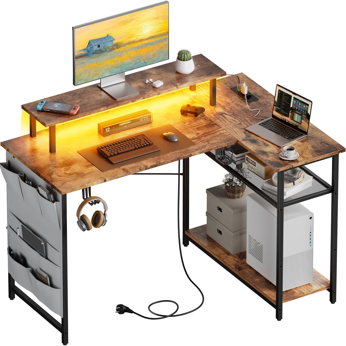 HLONONE L-vormig bureau met led en stopcontacten, 110 x 80 cm, hoekbureau met plank, computertafel met monitorstandaard en opbergtas, gamingtafel L-vorm voor kantoor, thuiskantoor, bruin