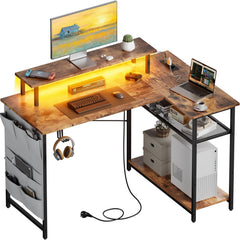 HLONONE L-vormig bureau met led en stopcontacten, 110 x 80 cm, hoekbureau met plank, computertafel met monitorstandaard en opbergtas, gamingtafel L-vorm voor kantoor, thuiskantoor, bruin