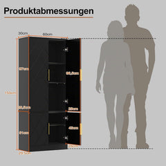 UEV Hoge kast met 4 deuren, keukenkast, badkamerkast, multifunctionele kast, archiefkast met verstelbare plank, veelzijdig inzetbaar voor kantoor, hal, keuken, bijkeuken, 60 x 30 x 150 cm, zwart
