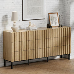UEV Commode met schuifranden, 150 x 34 x 72 cm, kast met 9 schuifranden, modern dressoir, tv-board, opbergkast, smalle commode, buffet, kast voor woonkamer, slaapkamer, hal (natuur)