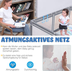 LARS360 Babybox, box, afsluitrooster, 200 x 180 cm, activiteitencentrum, net, box met antislip basis, draagbare veiligheidsspeelplaats, kruiprooster