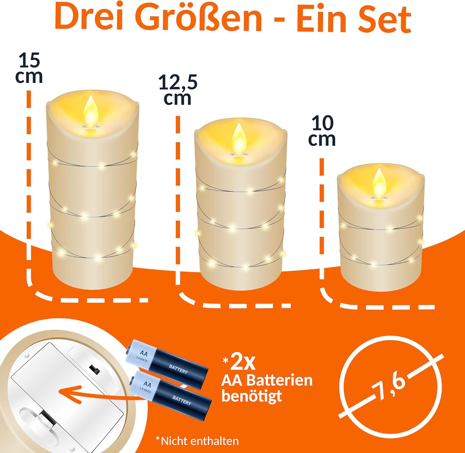 KESSER® Led-kaarsen, 3-delige set, vlamloze kaarsen, timerfunctie, timer, echte waskaars, 10 cm, 12,5 cm, 15 cm hoog, realistisch flikkerend licht, led-vlammen, echte was, decoratie, traditioneel