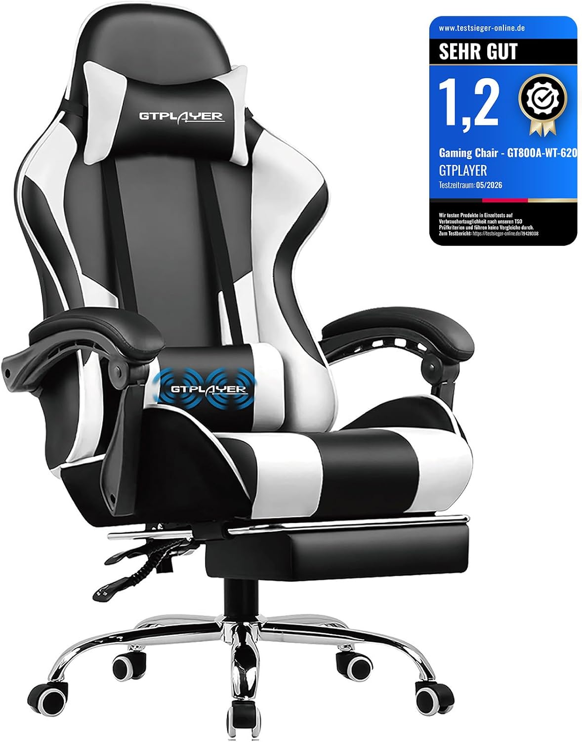 GTPLAYER Gaming stoel, bureaustoel, ergonomische gamerstoel met voetensteun, lendenkussen, gevoerde gamingstoel, draaistoel, 150 kg, wit