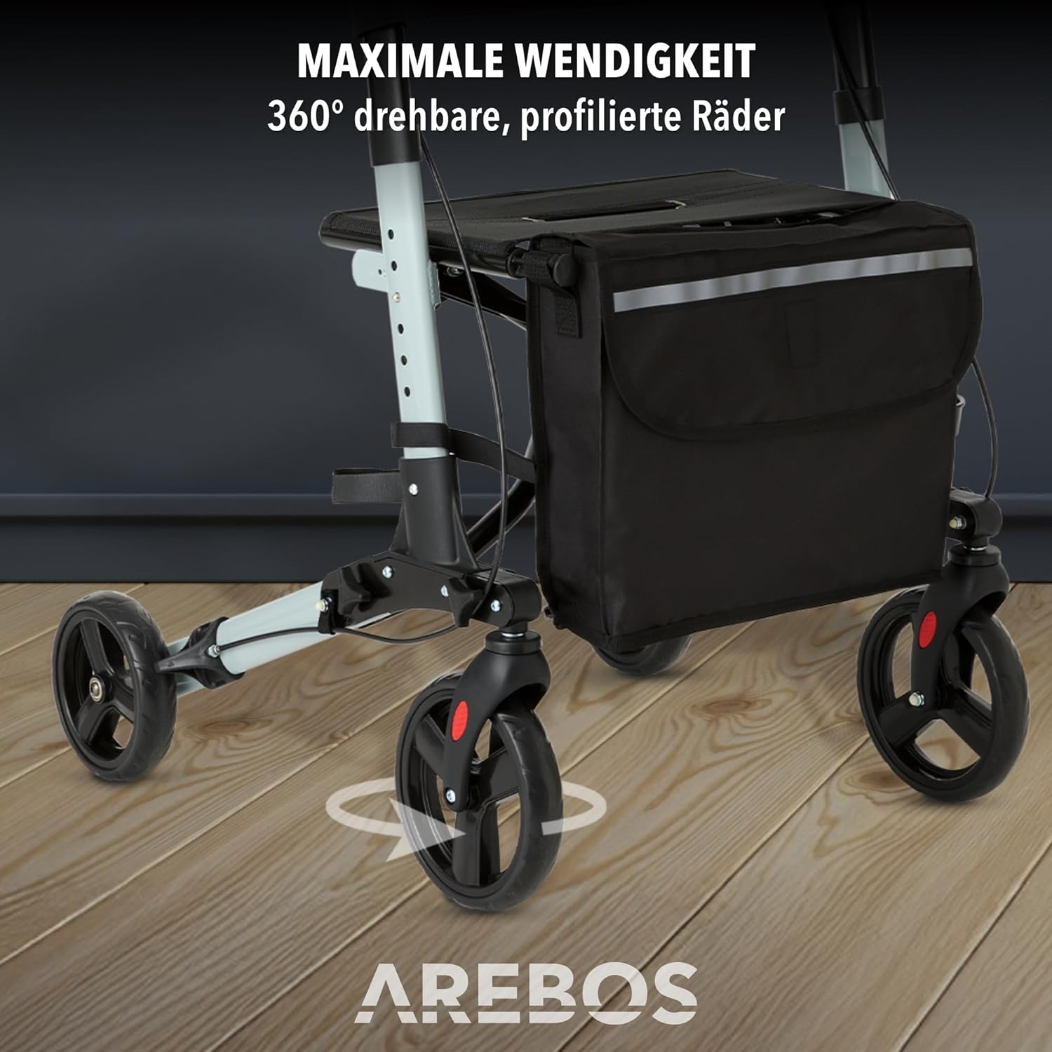 Arebos Lichtgewicht rollator van aluminium, 6-voudig in hoogte verstelbaar, opvouwbaar, incl. stokhouder en afneembare boodschappentas, loophulp met vastzetfunctie, zwart