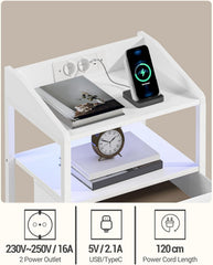 Hzuaneri Nachtkastje met ledlampen en oplaadfunctie, bijzettafel met 2 stoffen laden met USB-poorten en stopcontacten, voor slaapkamer, woonkamer, wit NS36113W