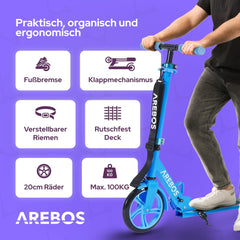 Arebos City Scooter, Hoogteverstelbaar | Opvouwbaar | Inclusief draagriem | XXL wielen | Kickrem | Voor kinderen en volwassenen | Draagvermogen tot 100 kg | Kickstep | Kickstep