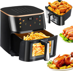 Zwarte 9L Airfryer met visueel venster, geschikt voor het hele gezin, 6-in-1 kookinstellingen, slim touchscreen, timerfunctie, vaatwasserbestendig, gezond koken zonder olie en met weinig vet