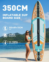 SOLAVERO Opblaasbaar Stand-Up Paddleboard, 350 x 89 x 15 cm, opblaasbare peddel, geschikt voor volwassenen tot 200 kg, voor 2 personen, voor beginners en alle niveaus, met verstelbare peddel, pomp, leash, tas en rugzak