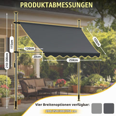 Verdego Klemluifel 250 x 120 cm, luifel balkon zonder boren met handslinger, zonwering, waterafstotend, uv-bestendig, in hoogte verstelbaar, balkonluifel om te klemmen, voor terras en tuin, donkergrijs