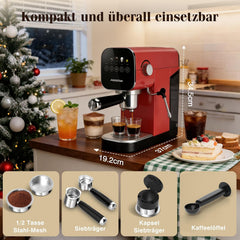 Aigostar - Espresso filtermachine, compatibel met capsules en gemalen koffie, 20 bar, digitaal touchpaneel, 1/2 kopjes, espressomachine met melkopschuimer, 0,9 l, 1350 W, roestvrij staal, rood