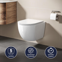 Rainsworth Hangend toilet, spoelrandloos, eengaat, spoeltoilet, wand-toilet waterbesparend, incl. wc-bril met softclose, hoogwaardige keramische toiletbak, wit, 48.5cm
