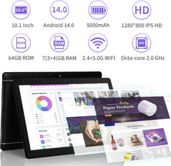 Veidoo Android-tablet 14, 10,1” IPS-scherm, 7GB RAM (3+4), 64GB ROM (uitbreidbaar tot 512GB), Octa-Core, WiFi 6, Dubbele Camera