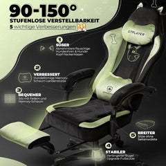 GTPLAYER Leuke gamingstoel met fluwelen stof, ergonomische bureaustoel, gamingstoel met kattenoren, traagschuim en voetensteun, 150 kg, groen •