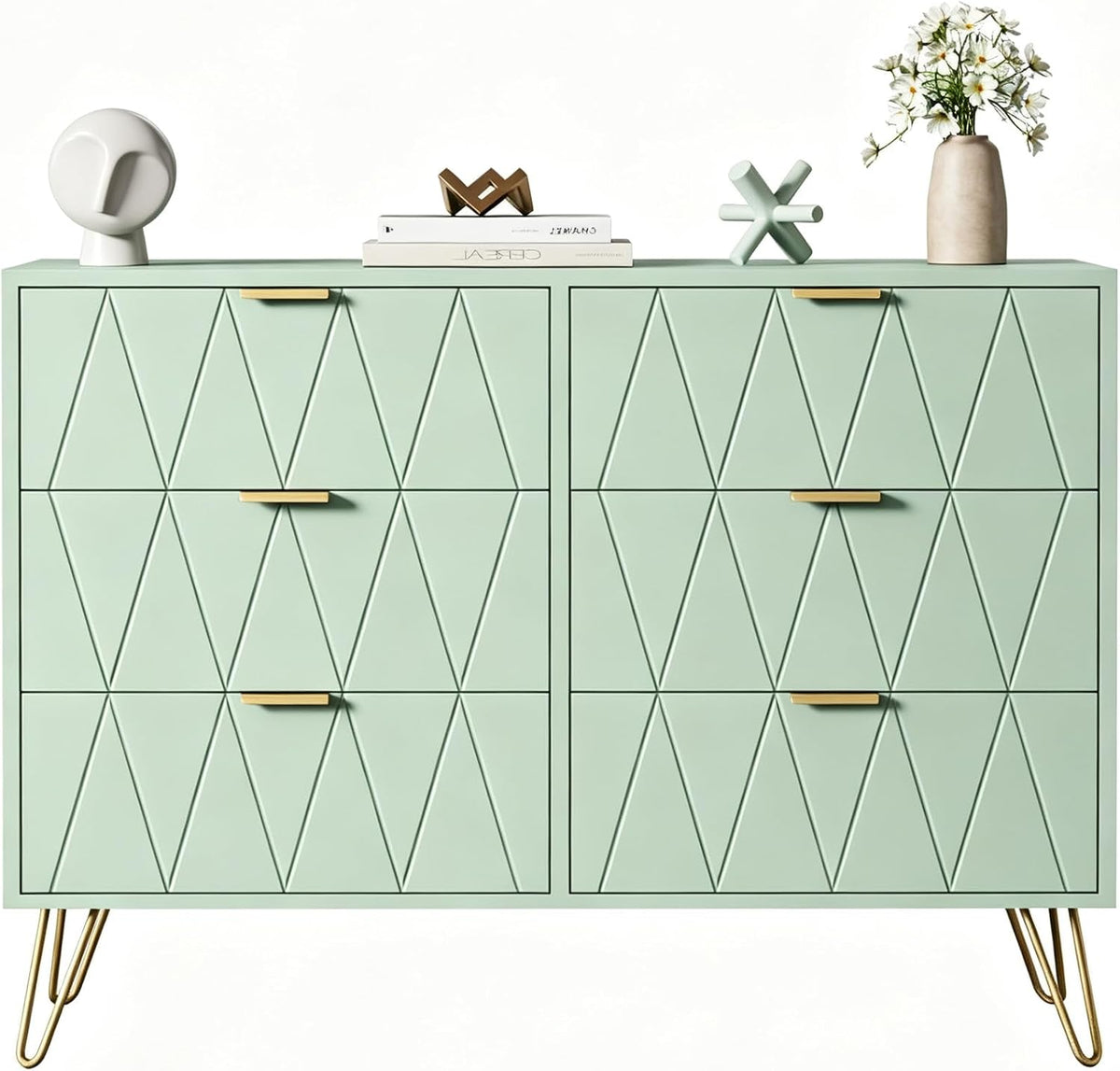 UEV Commode met 6 laden, 100 x 34 x 73 cm, opbergkast voor kleding, documenten, speelgoed, veel opbergruimte, dressoir, smal voor woonkamer, slaapkamer, kantelbeveiliging, eenvoudige montage (groen)