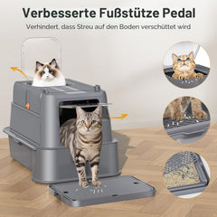 HEGGCOOE Kattenbak van roestvrij staal met deksel, XL, grote kattenbak met lade, gesloten kattenbak met instap voor en bovenaan, schep, filterpedaal, reiniging en geurcontrole, donkergrijs