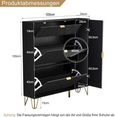 UEV Schoenenkast met 2 kleppen en 2 deuren, 105 x 24 x 120 cm, schoenenkast, zwarte schoenenkast, smalle schoenenkast in de hal, ruimtebesparend •