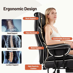 Furniliving bureaustoel voor grote en lange mensen (180 kg), ergonomische directiestoel met brede zitting, verstelbare rugleuning, lendensteun, hoge rugleuning, leren gamingstoel met voetensteun en kussen, zwart
