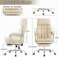 UEV Zachte Ergonomische Stoel met Voetsteun, Stoel van PU-leer combineert comfort en functionaliteit, Relaxfauteuil met Dik Kussen, 63 x 61,5 x (115-124) cm, Beige