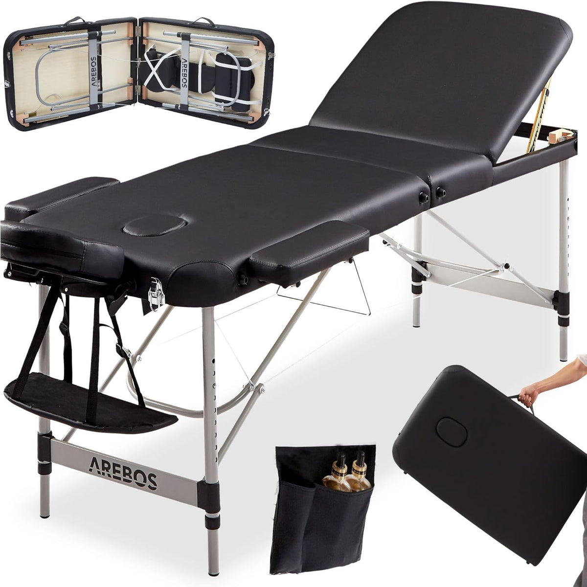 Arebos Mobiele massagestoel 3 zones, massagetafel, massagestoel inklapbaar, in hoogte verstelbaar aluminium massagebed cosmetische ligstoel draagbaar incl. accessoires, hoofdsteun, armleuning •