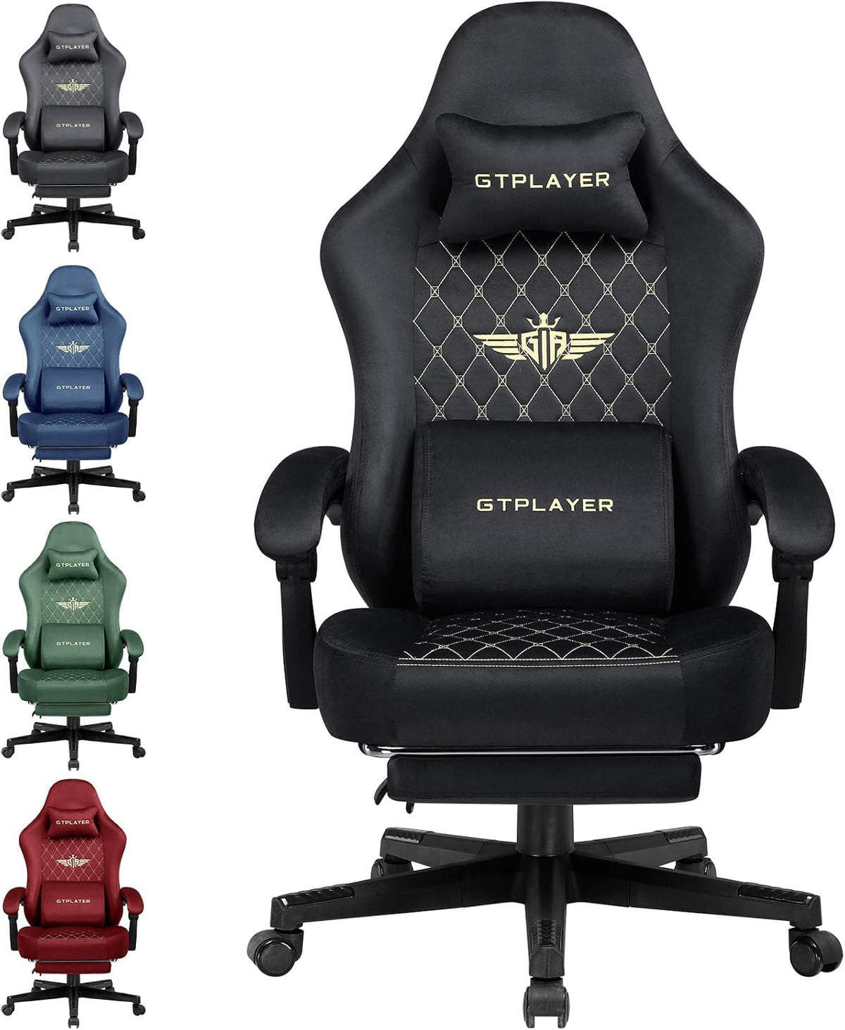 GTPLAYER Gaming stoel, stof, gamingstoel, ergonomische bureaustoel, pc-stoel, 150 kg belastbaarheid, verstelbare en draaibare bureaustoel met verenzitkussen en voetensteun, zwart - GT830