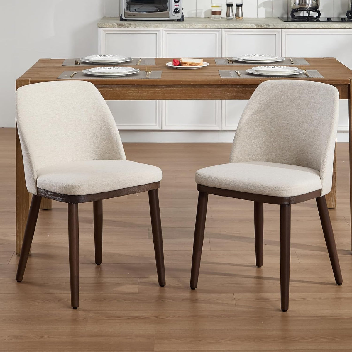 Ya-Home Set van 4 eetkamerstoelen van hout, keukenstoel van linnen, beige