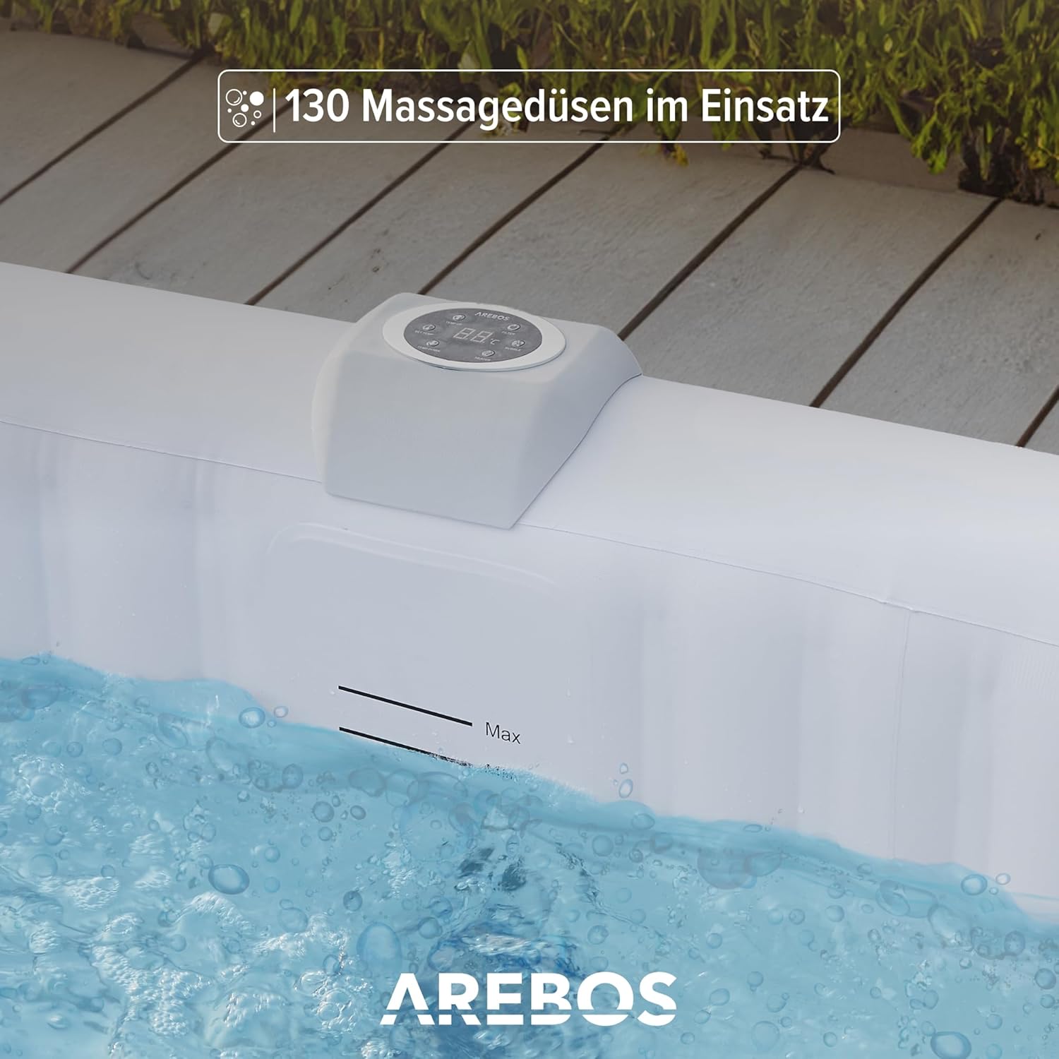 Arebos Spa Whirlpool 2400 W, in-outdoor zwembad, voor 6 personen, 185 x 185 cm, 130 massagejets, 910 l met verwarming, opblaasfunctie met één druk op de knop, inclusief afdekking, bubbelspa en