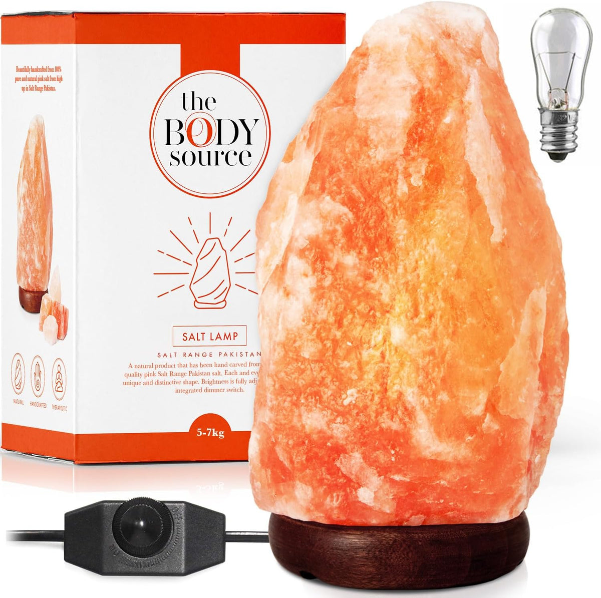 The Body Source Zoutlamp (5-7 kg) met dimschakelaar licht op een houten standaard - nachtlampje incl. 10W gloeilampen en geschenkdoos