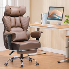 COMHOMA bureaustoel, 150 kg, gamingstoel, ergonomisch, met brede zitting, hoge rugleuning, leer, verstelbare armleuningen, lendensteun, pocketveringkern, Bruin