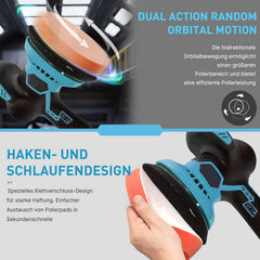 MAWIRON Polijstmachine auto met 6000 mAh accu, 6 inch Orbital accu-polijstmachine voor Makita, 6 variabele snelheden 5800 tpm draadloze polijstmachine, 2 x 3000 mAh batterijen, 22 stuks opzetstukken •