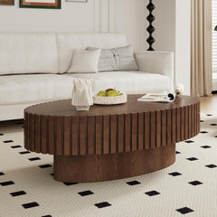 ZUOWENYG Ovale trommelvormige salontafel (Walnoot 110x60cm) Moderne theetafel van gegroefd hout, eigentijdse salontafel voor de woonkamer