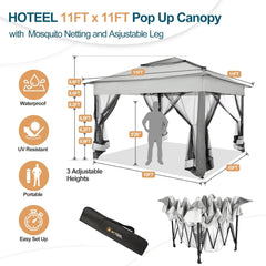 HOTEEL Tuinpaviljoen, 3 x 3 m, pop-up paviljoen met muggennet, waterdicht, stabiel, winterbestendig, dubbel dak, campingpaviljoen, vouwpaviljoen met zandzak voor achtertuin, feesten, gazon