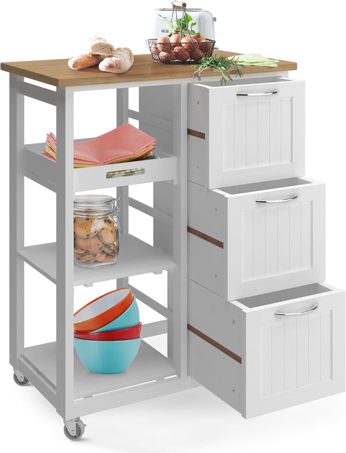 MIADOMODO® Keukenwagen op wielen - 3 laden, 3 niveaus, werkblad, hout/MDF, 67x37x87cm, wit - serveerwagen, rolwagen, keukentrolley, keukenkast landhuisstijl, bijzetwagen, keukenrek