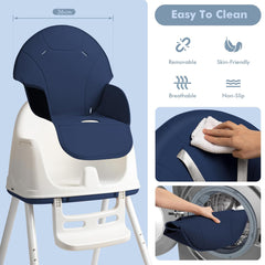 Kinderstoel, 3-in-1 kinderstoel, tafelstoel, verstelbaar met dubbel dienblad, wielen en mand, kinderstoel, babystoel vanaf 6 maanden, blauw