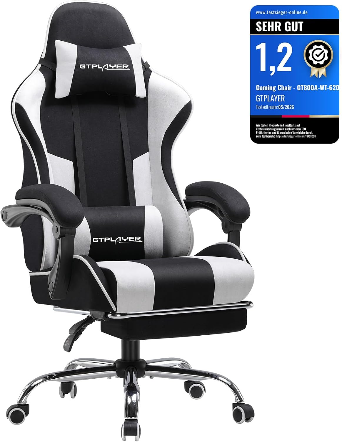 GTPLAYER Gaming stoel, stof, bureaustoel, massage gamingstoel, ergonomische gamerstoel met voetensteun, gevoerde gamingstoel, draaistoel, 150 kg, wit-zwart •