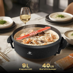 Elektrische pan 1500 W met deksel, 40 cm partypan van aluminium en staal, anti-aanbaklaag, temperatuurregeling, afneembare thermostaat, gehard glazen deksel