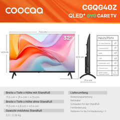 coocaa Smart TV 32 Inches, 80 cm, QLED HD TV Compatible with Google TV, HDR10, Dolby Audio, Bluetooth 5.1, EyeCare, Google Cast, Triple Tuner DVB-T/-T2/-C/-S/-S2 CI+