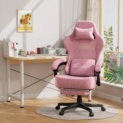 GTPLAYER Gamingstoel, ademende bureaustoel, ergonomisch, hoogwaardige stof, ergonomische pc-stoel, 160° verstelbare rugleuning en uittrekbare voetensteun, draagkracht 180 kg, roze