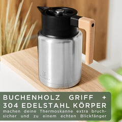 WALDWERK Thermoskan (1,4 L) - koffiepot van dubbelwandig 304 roestvrij staal met elegant houten handvat - isoleerkan met druppelvrije schenktuit - thermoskan •