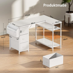 HLONONE Hoekbureau met 3 stoffen laden, 120 x 80 cm, computertafel met opbergruimte, bureau L-vorm met zijvak, pc-tafel met opbergvakken voor kantoor, gaming en thuiskantoor, wit •
