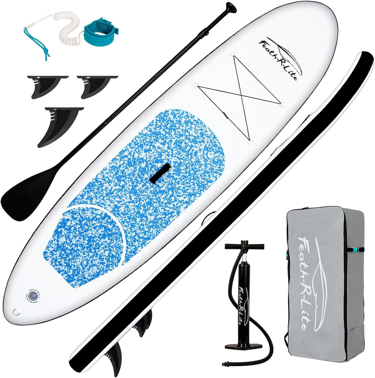 FunWater Opblaasbaar stand-up paddleboard voor volwassenen, alle vaardigheden met alle accessoires, peddel, pomp, zitting (305 cm, marmerstructuur, lichtblauw)
