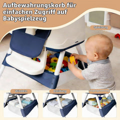 Ferghana 4-in-1 kinderstoel voor baby's, kinderstoel met afneembaar dienblad, babystoel met onderste opbergvak en wielen, in hoogte verstelbare kinderstoel met 5-punts riem, blauw