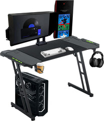 NAIZY Gamingtafel, 120 x 60 cm, zwart, bureau, koolstofvezelplaat, gamer, computertafel, ergonomische pc-tafel met draadgat en led