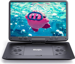 SUNPIN Draagbare dvd-speler met 14,1 inch HD-beeldscherm, dvd-speler, auto, kinderen, knoopdesign, met 6 uur ingebouwde accu, dvd-speler, draagbaar, voor sync tv, videospeler, USB/SD-kaart/sync-tv