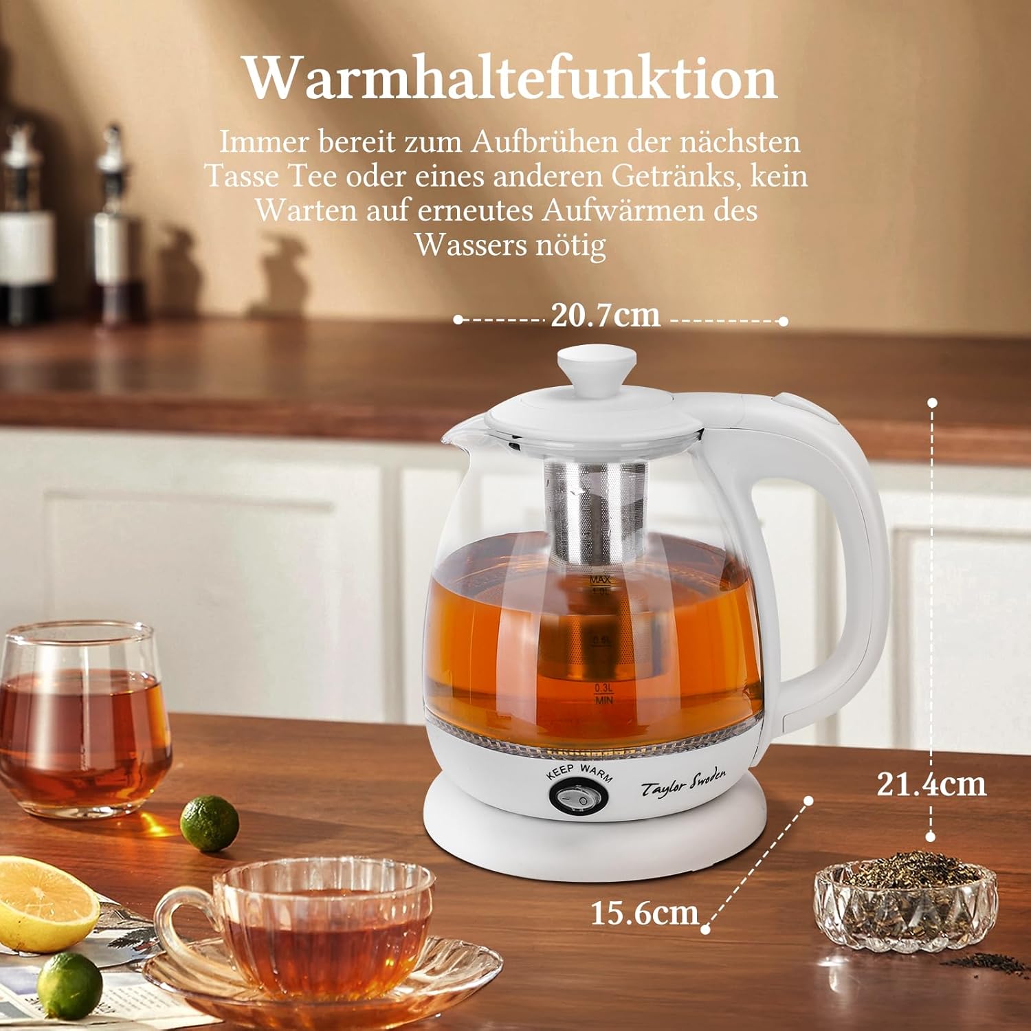Waterkoker glas - met LED - 1L - 2200W - Wit - Taylor Swoden