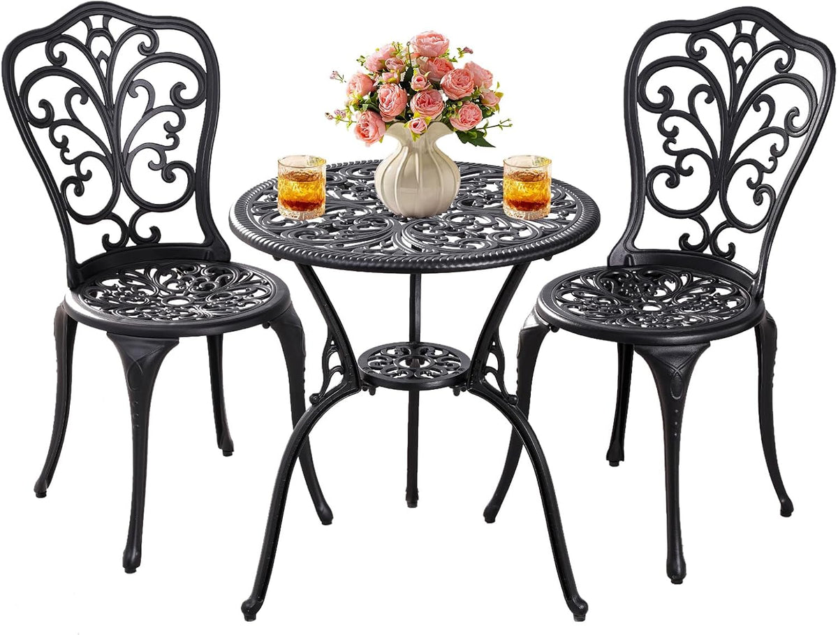 Bistroset voor buiten, 3-delig, gegoten aluminium, bistrotafel en stoelen, 2-delige set met parasolgat van 5 cm, weerbestendige bistrotafelset voor de veranda