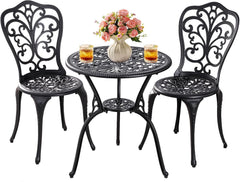 Bistroset voor buiten, 3-delig, gegoten aluminium, bistrotafel en stoelen, 2-delige set met parasolgat van 5 cm, weerbestendige bistrotafelset voor de veranda