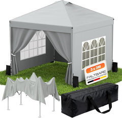Huracan Paviljoen, 3 x 3 m, met zijwanden, pop-up vouwpaviljoen met zandzakken, stabiel, in hoogte verstelbaar, tuintent, uv-bescherming, tuinpaviljoen, partytent voor terras, strand, camping, markt