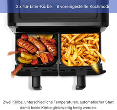 Dual Zone heteluchtfriteuse met kijkvenster, 9 l XL capaciteit, dubbele airfryer, 2 laden, 8-in-1 kookspecificaties, touchscreen, smart en timerfunctie, gezonde friteuse zonder olie en vetarm koken.