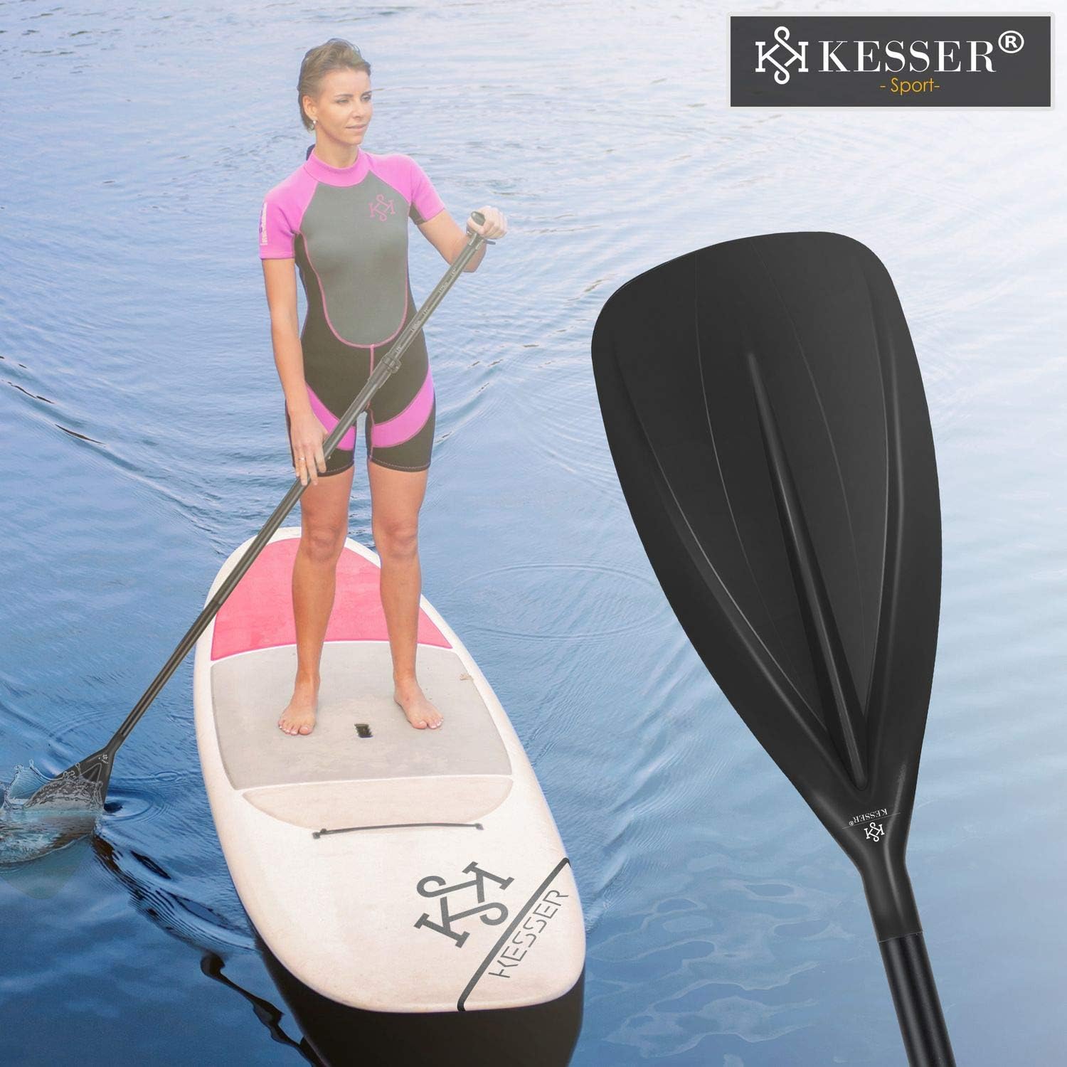KESSER® Paddle - 3-delig voor kajak SUP stand-up paddling board, steekpeddel, verstelbare telescopische peddel, 165 cm - 215 cm aluminium voor stand-up peddel, kajakken, surfboard, boot, anti-slip